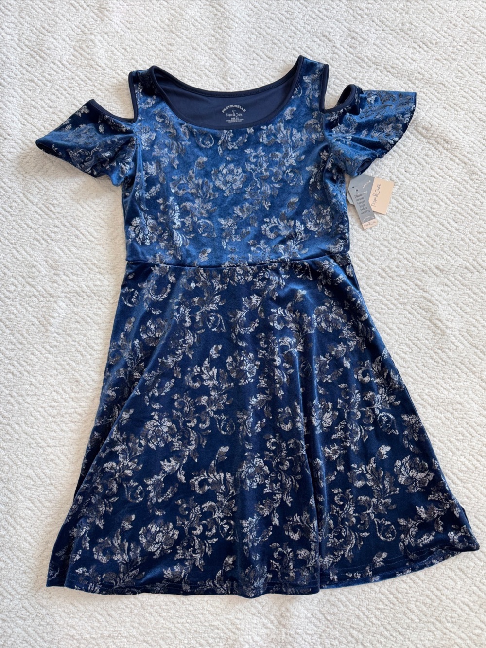 Pastourelle Metallic Floral Print Velvet Cold Shoulder Fit & Flare Girl Dress